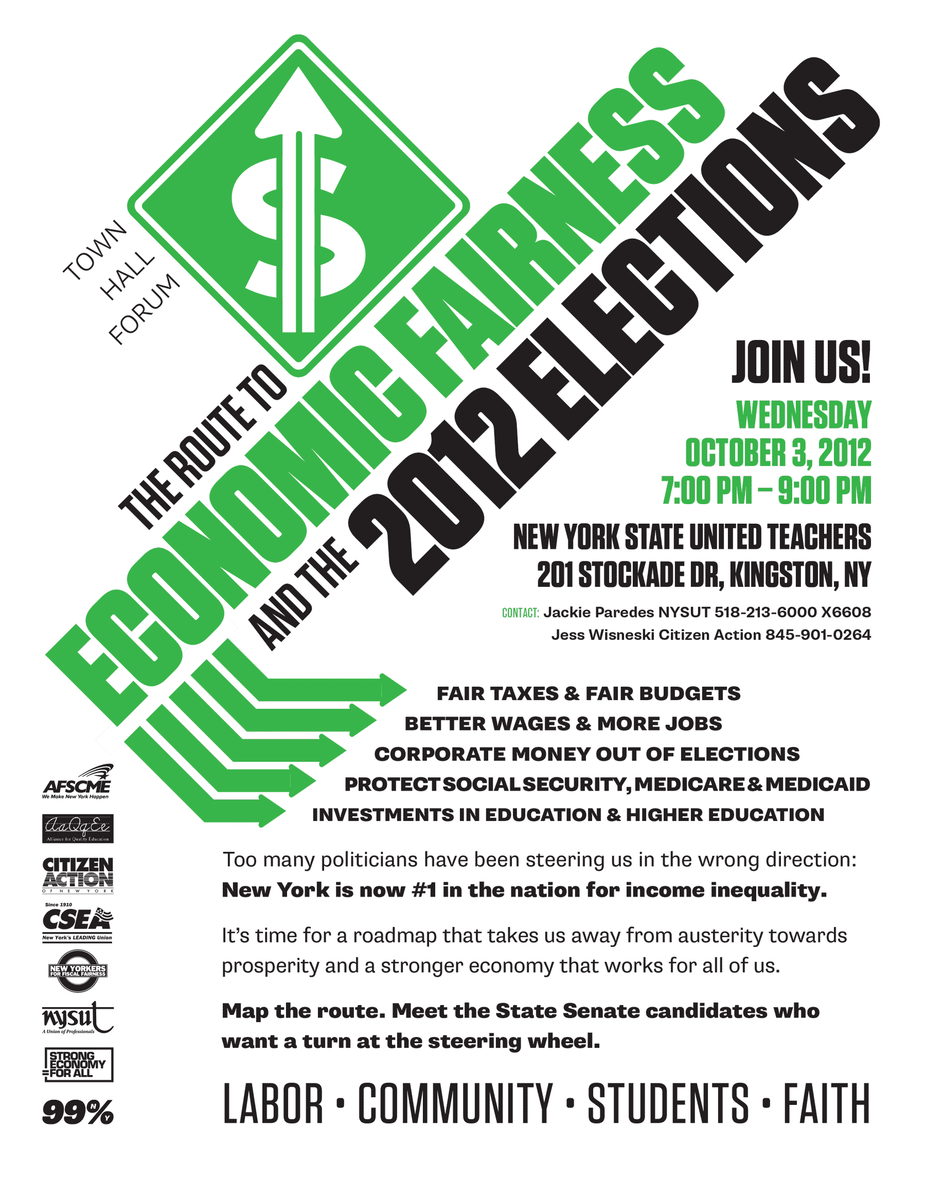 One sheet titled The Route to Economic Fairness ad the 2012 Elections, customized for Kingston NY