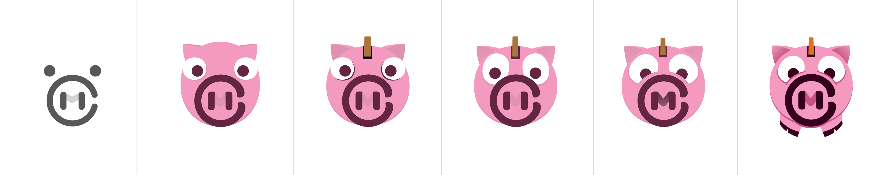 A sequence of increasingly complex drawings of the piggy bank icon used in the Change Machine branding.