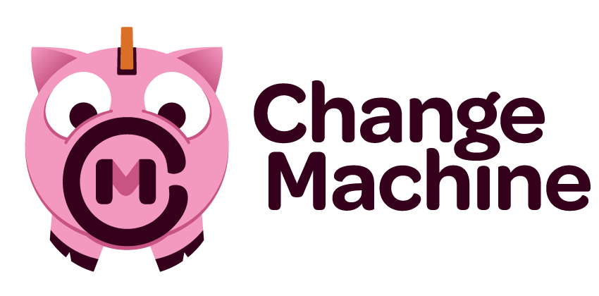 Change Machine primary logo including a stylized piggy bank with a CM monogram incorporated into its nose