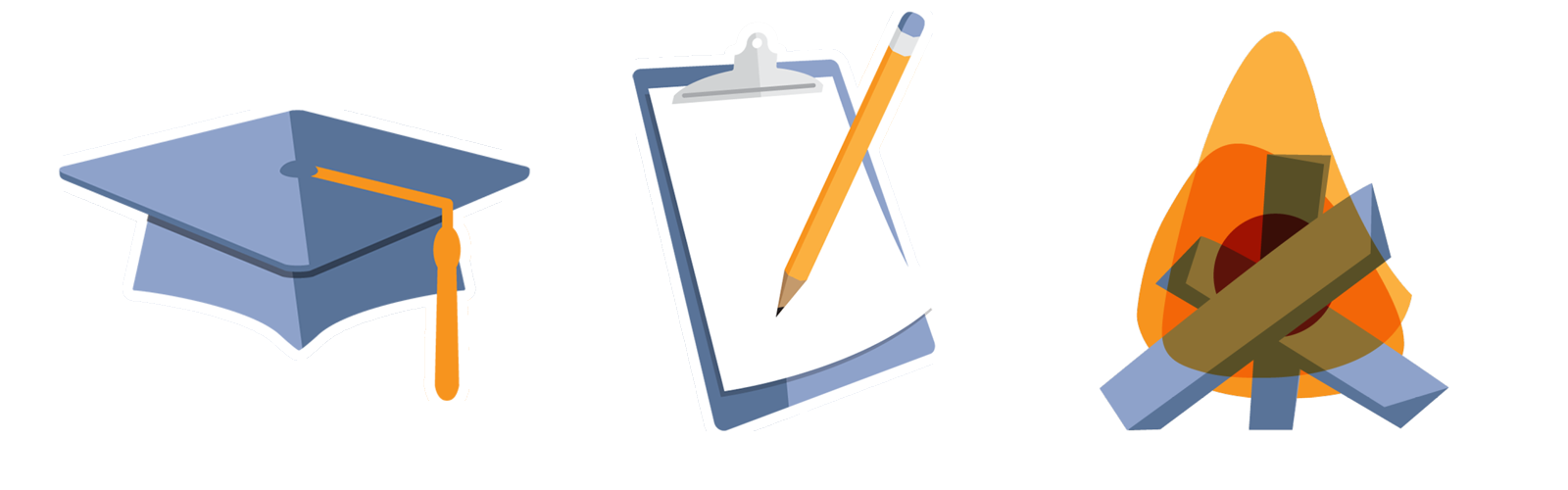 Stylized icons representing Learn (a mortarboard), Coach (a clipboard and pencil) and Share (a campfire)