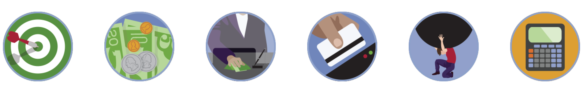 Circular badge illustrations representing groups of lessons the user is expected to complete.