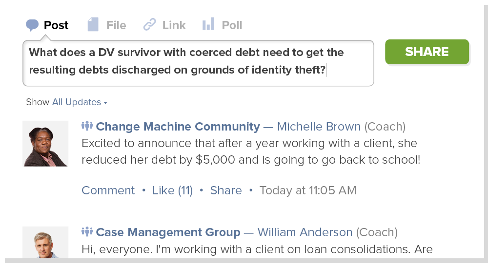 Mockup of an interactive posting component for the Change Machine Share interface, allowing other account holders to respond