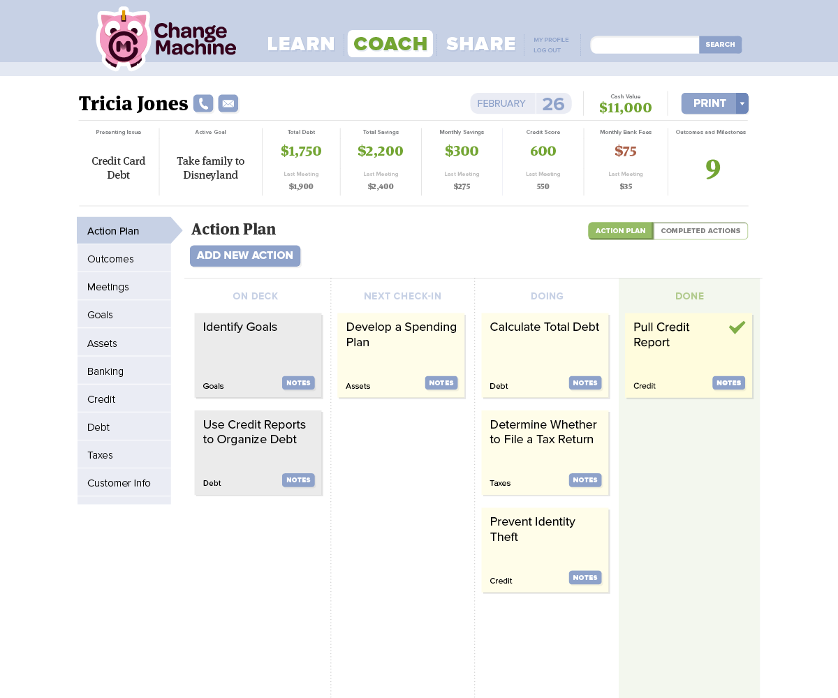 Desktop mockup of the Change Machine Coach dashboard and action plan interface for a particular client