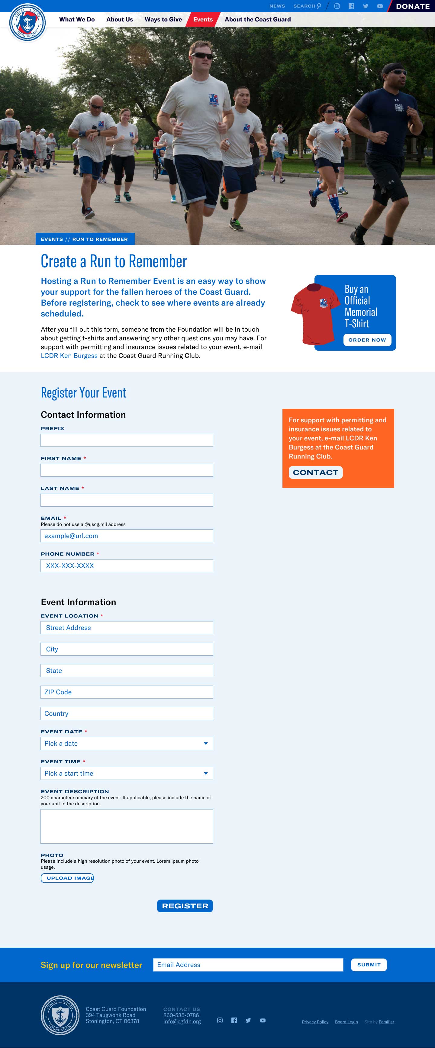 Desktop mockup of the Coast Guard Foundation Run to Remember event detail page