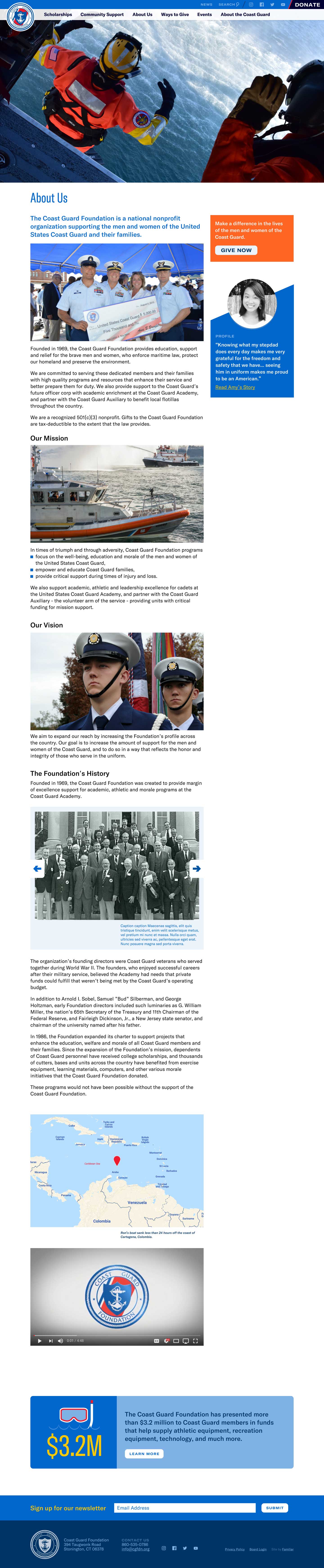 Desktop mockup of the Coast Guard Foundation about page