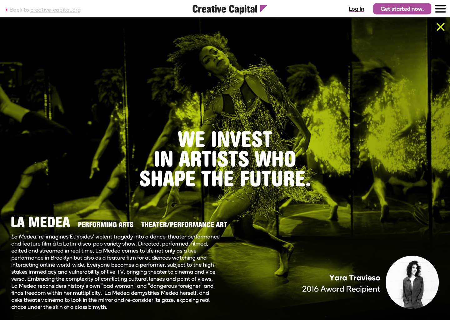 Desktop mockup of an artist detail from the hero space of the Creative Capital Apply microsite. This detail highlights Yara Travieso's La Medea.