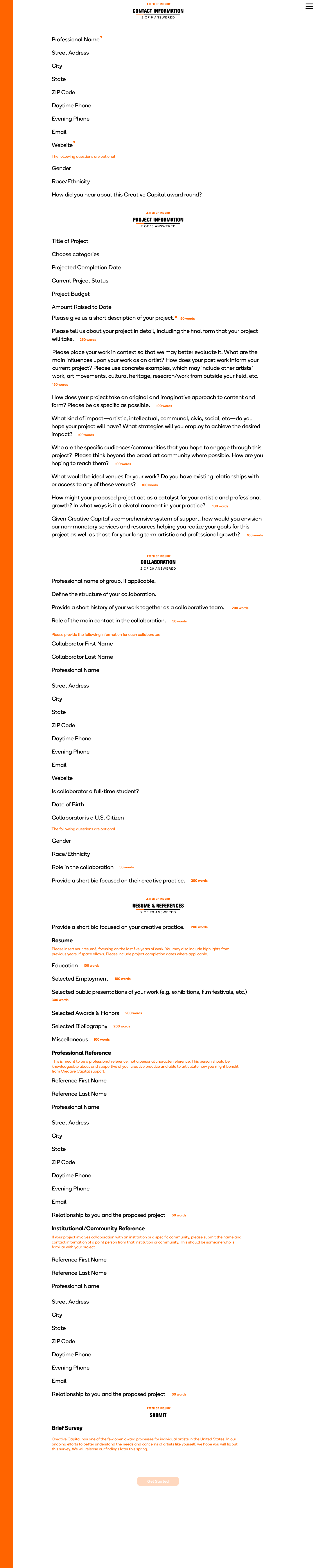 Desktop mockup of summary view of Letter of Inquiry form from Creative Capital application, listing all prompts and questions, displaying which are required and associated word counts, with an indication of answer counts per section