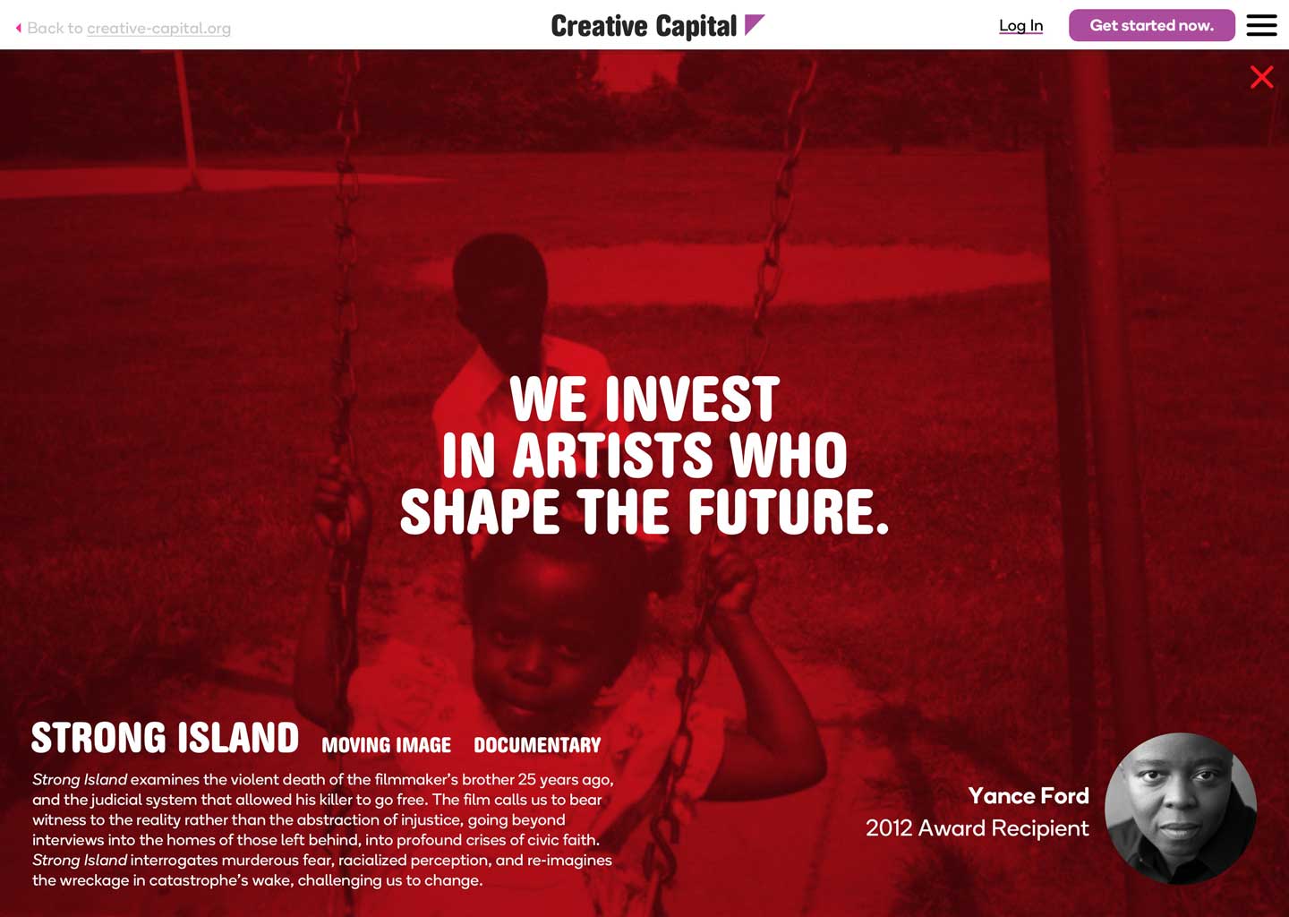 Desktop mockup of an artist detail from the hero space of the Creative Capital Apply microsite. This detail highlights Yance Ford's Strong Island.