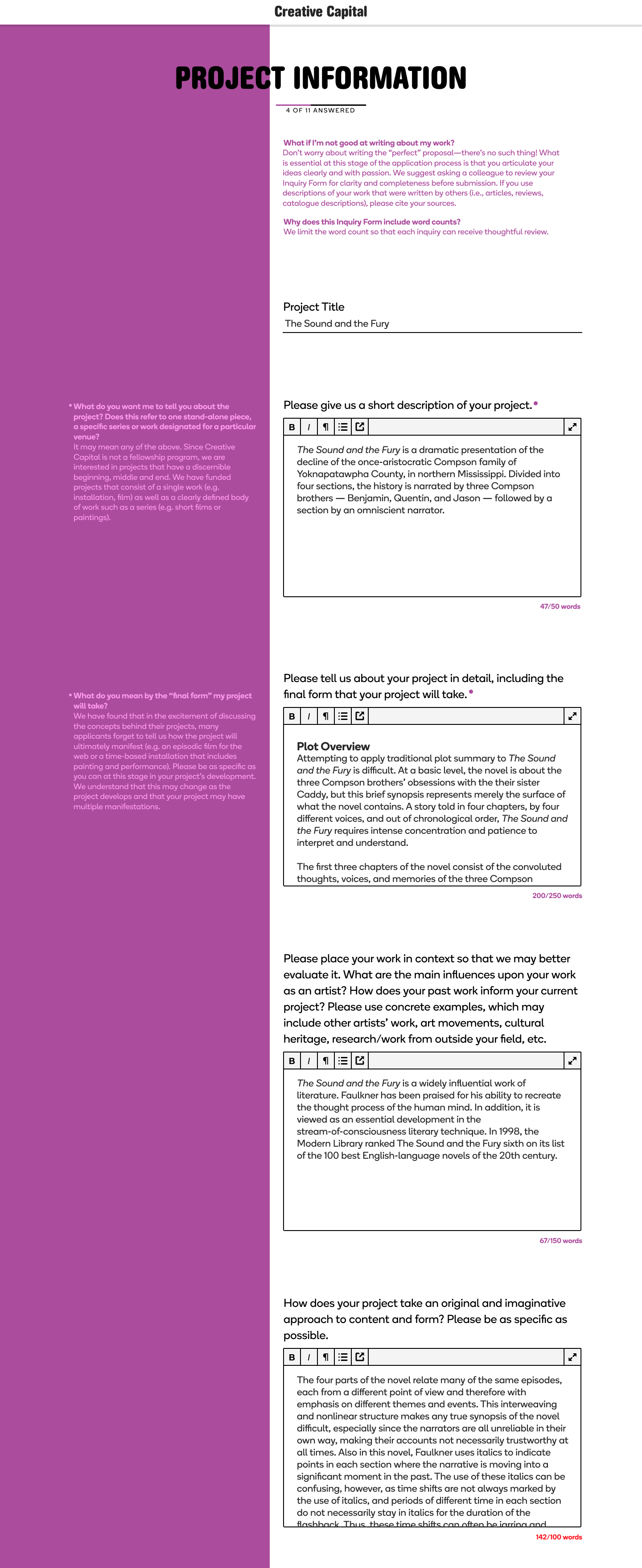 Desktop mockup of the Project Information form left color field expanded to reveal question-level tooltips and contextual explanations