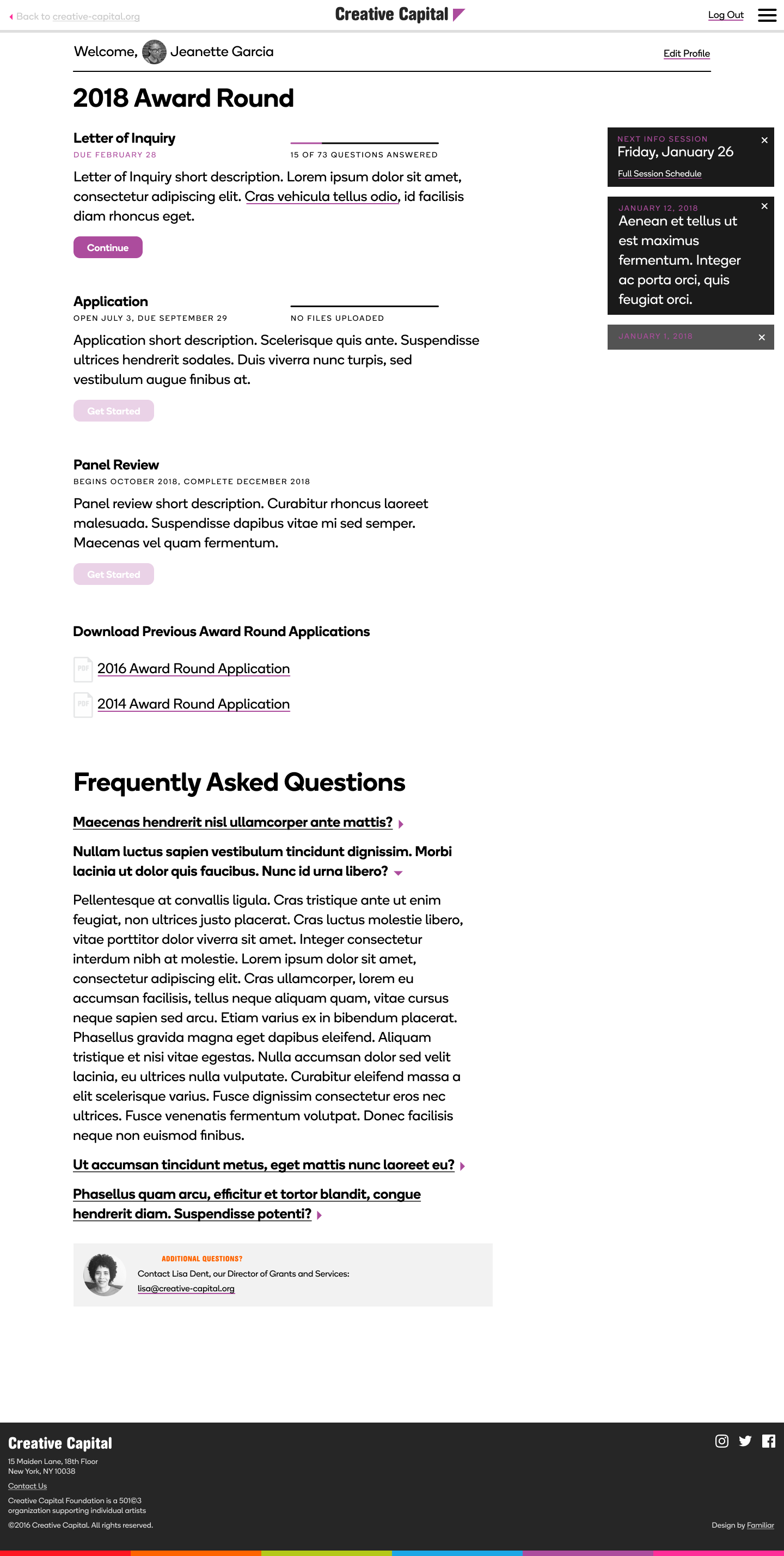 Desktop mockup of an applicant's profile page, summarizing past and upcoming application status and deadlines