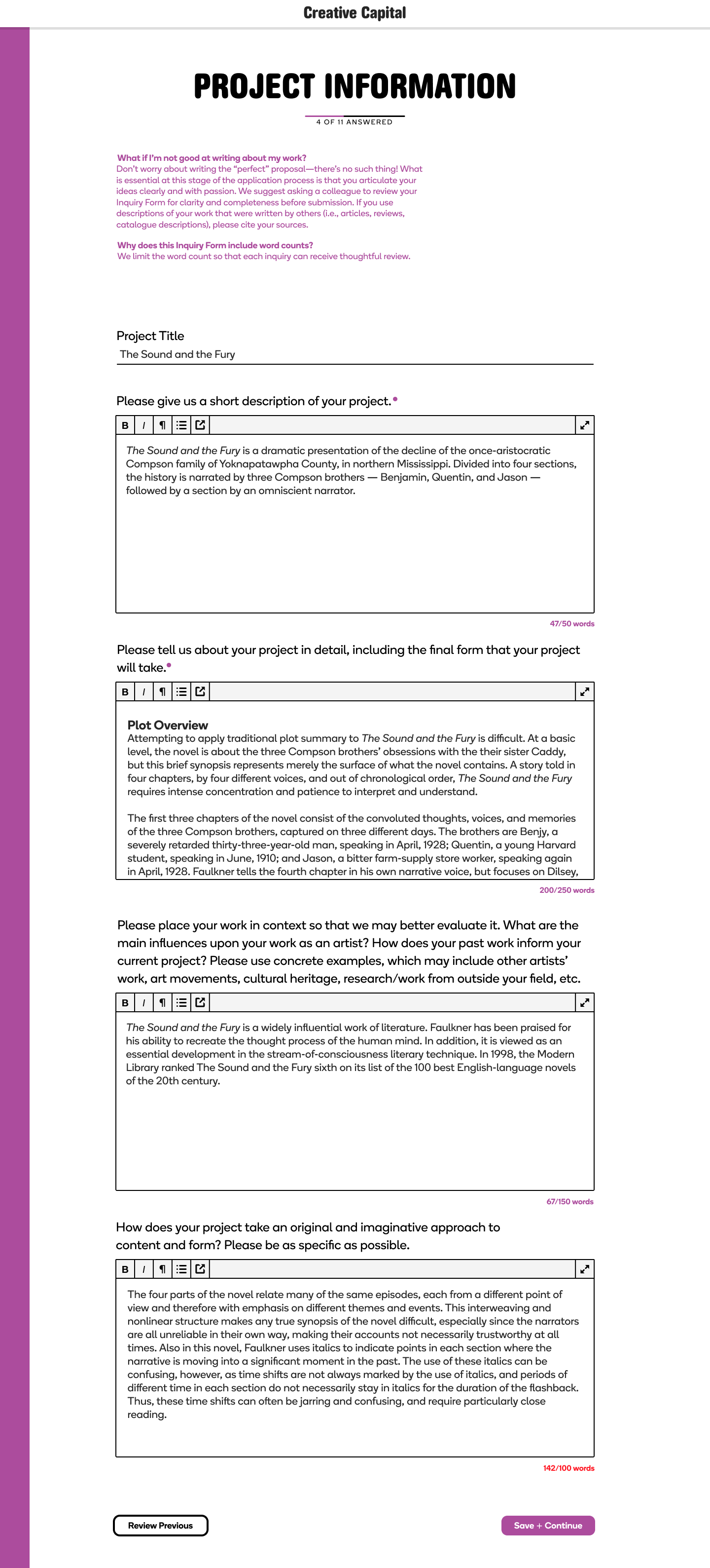 Desktop mockup of the Project Information form with visible form fields and placeholder answers