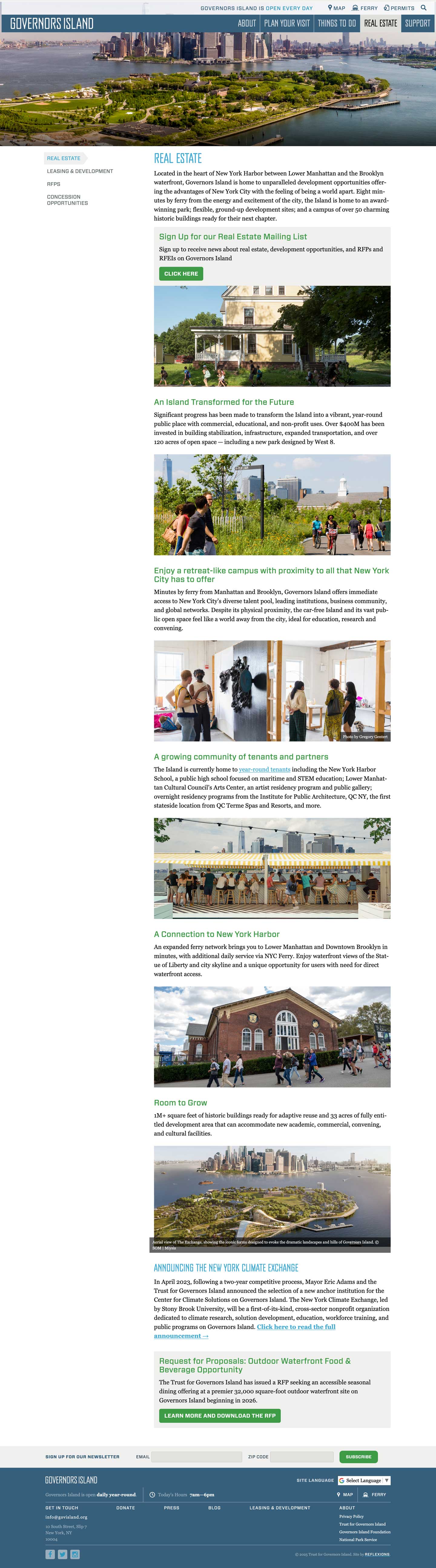 Desktop mockup of the Governors Island Real Estate overvie page