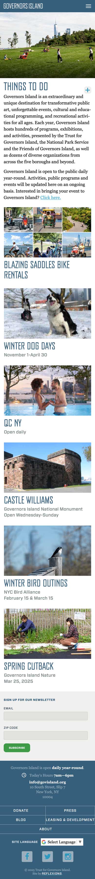 Mobile mockup of the Governors Island Things to Do page
