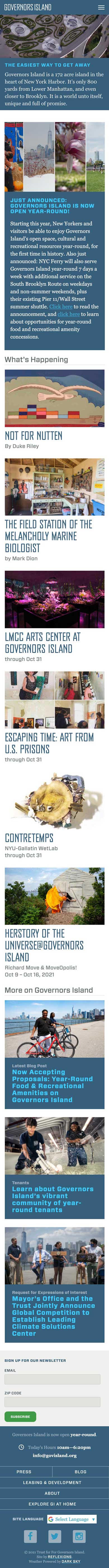 Mobile mockup of the Governors Island homepage