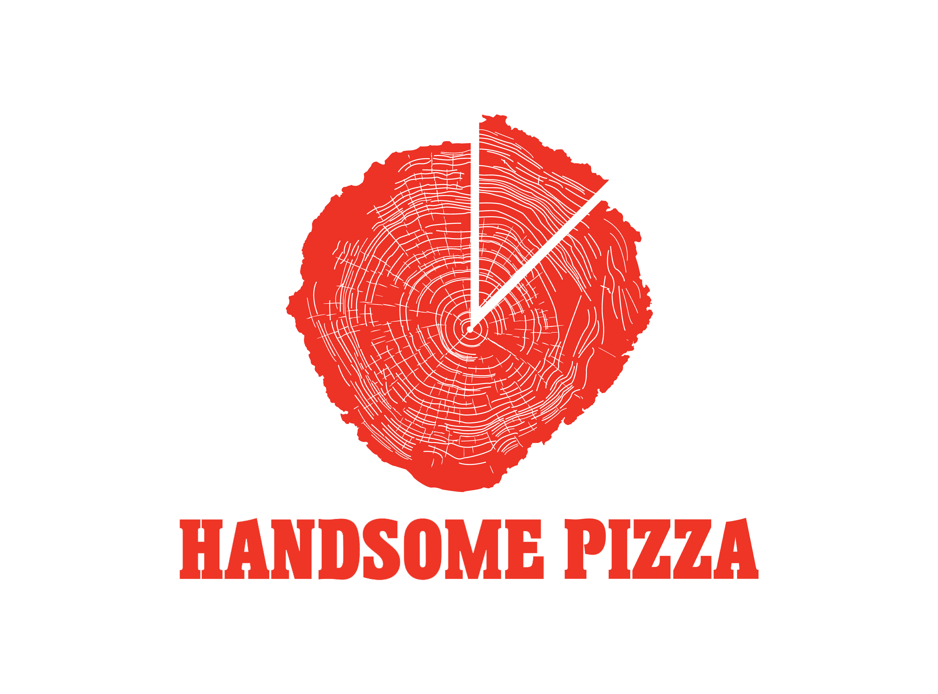 Handsome Pizza primary logo. A stylized cross-section of a tree trunk with rings outlined. A triangular segment of the section has been positioned to suggest a pizza slice.