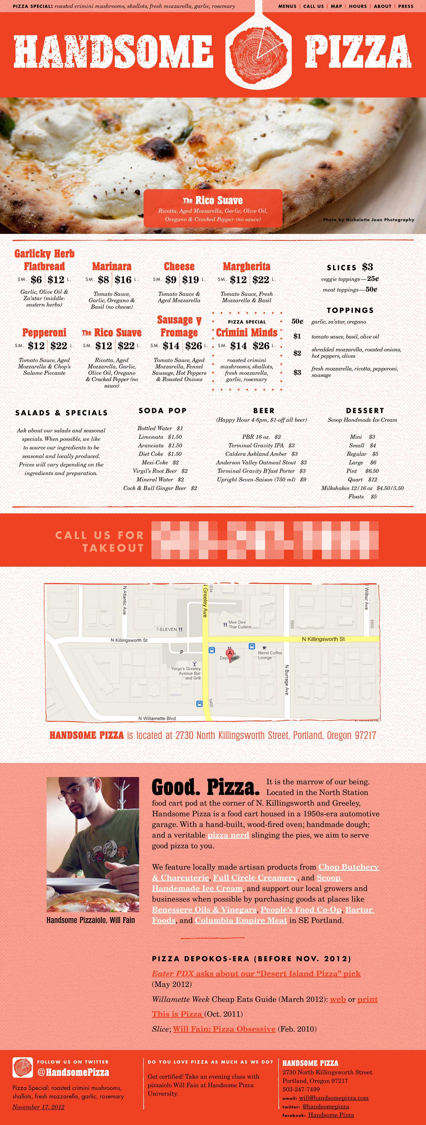 Desktop mockup of the Handsome Pizza single page website.
