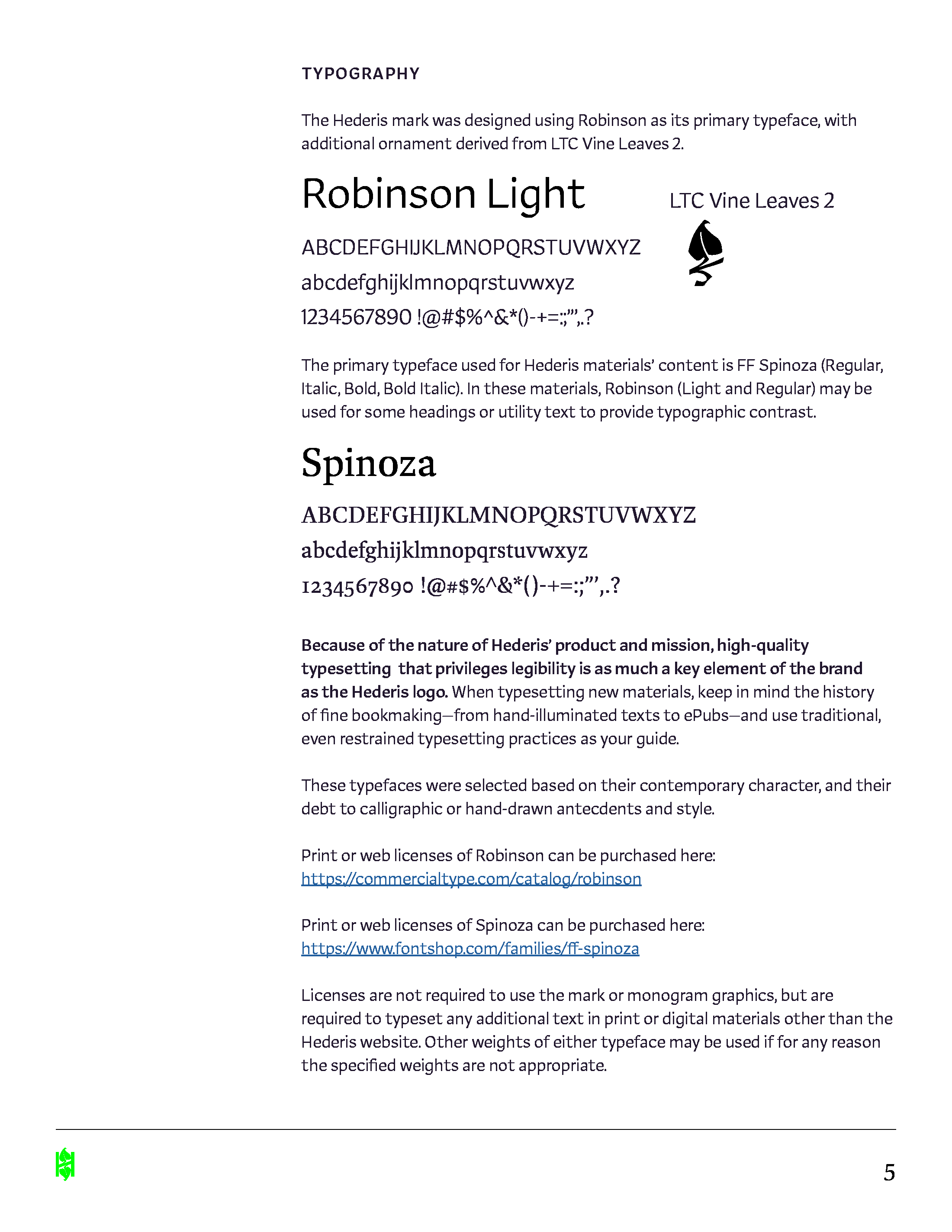 Page from the Hederis brand guide outlining the typefaces recommended for branded materials