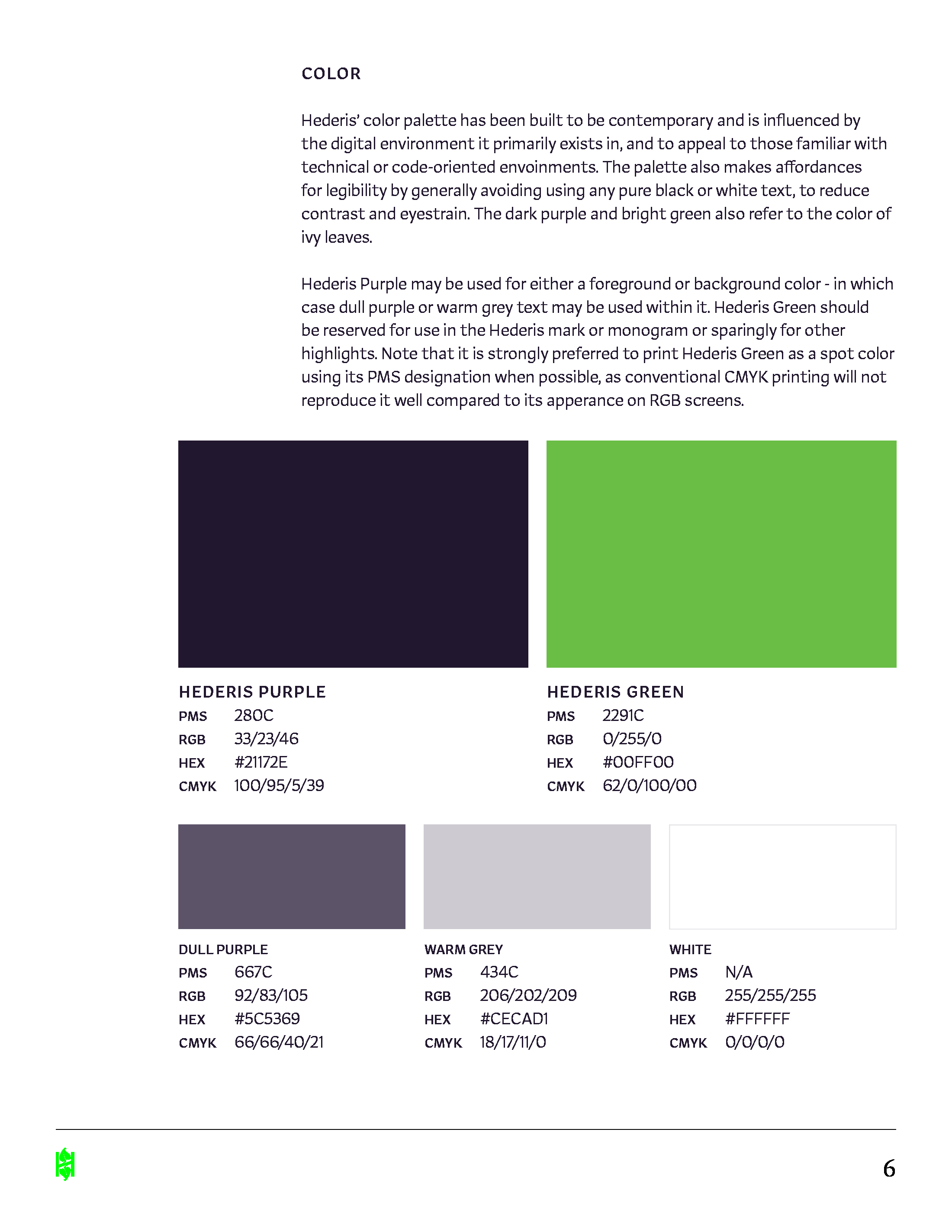 Page from the Hederis brand guide displaying brand colors with color codes corresponding to various color spaces