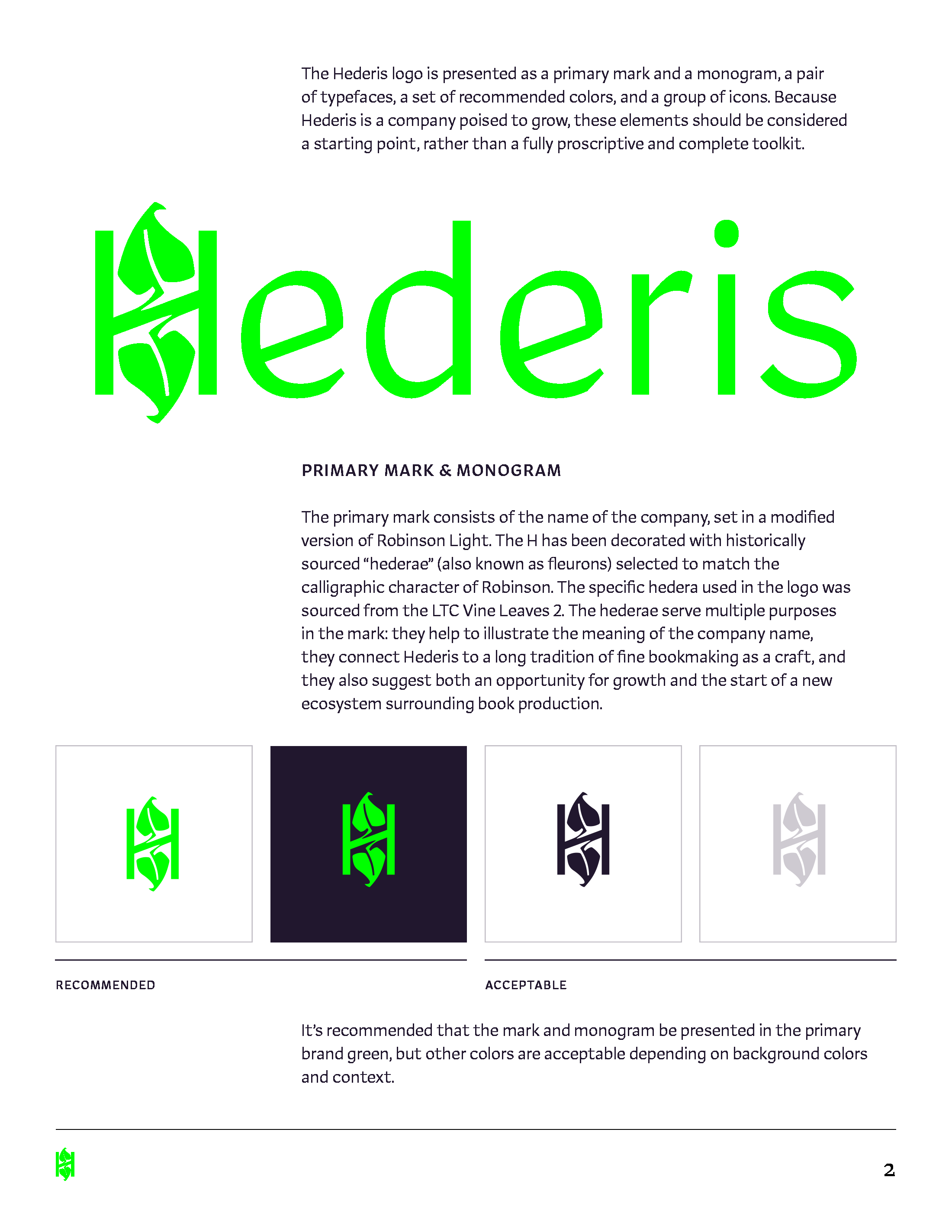 Page from the Hederis brand guide displaying the primary logo and monogram
