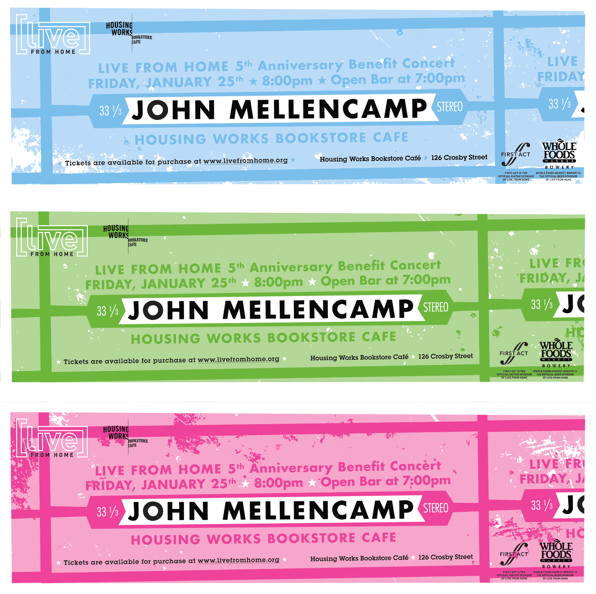 Teaser poster image for John Mellencamp concert at the Housing Works Bookstore Cafe, stylized like jukebox song labels in various colors