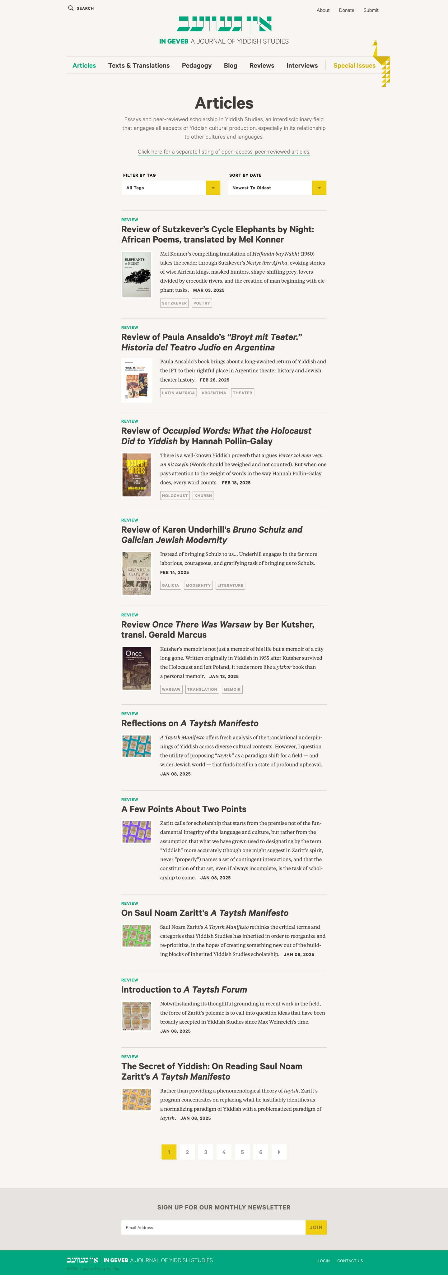 Desktop mockup of the In Geveb article overview page