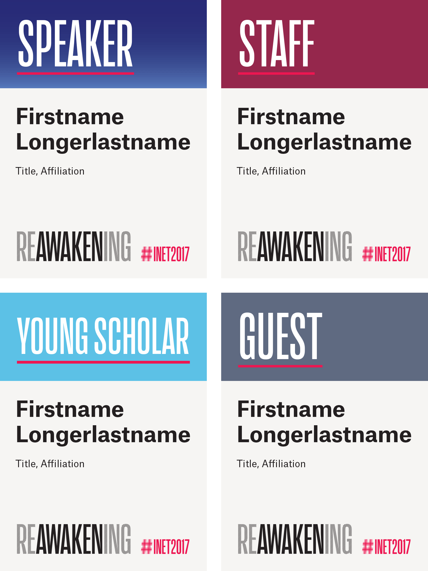 Color-coded attendee badges from Reawakening conference including Speaker, Staff, Young Scholar, and Guest