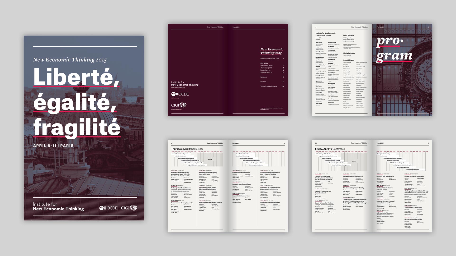 Front cover and selected interior spreads from the Liberté, egalité, fragilité conference program