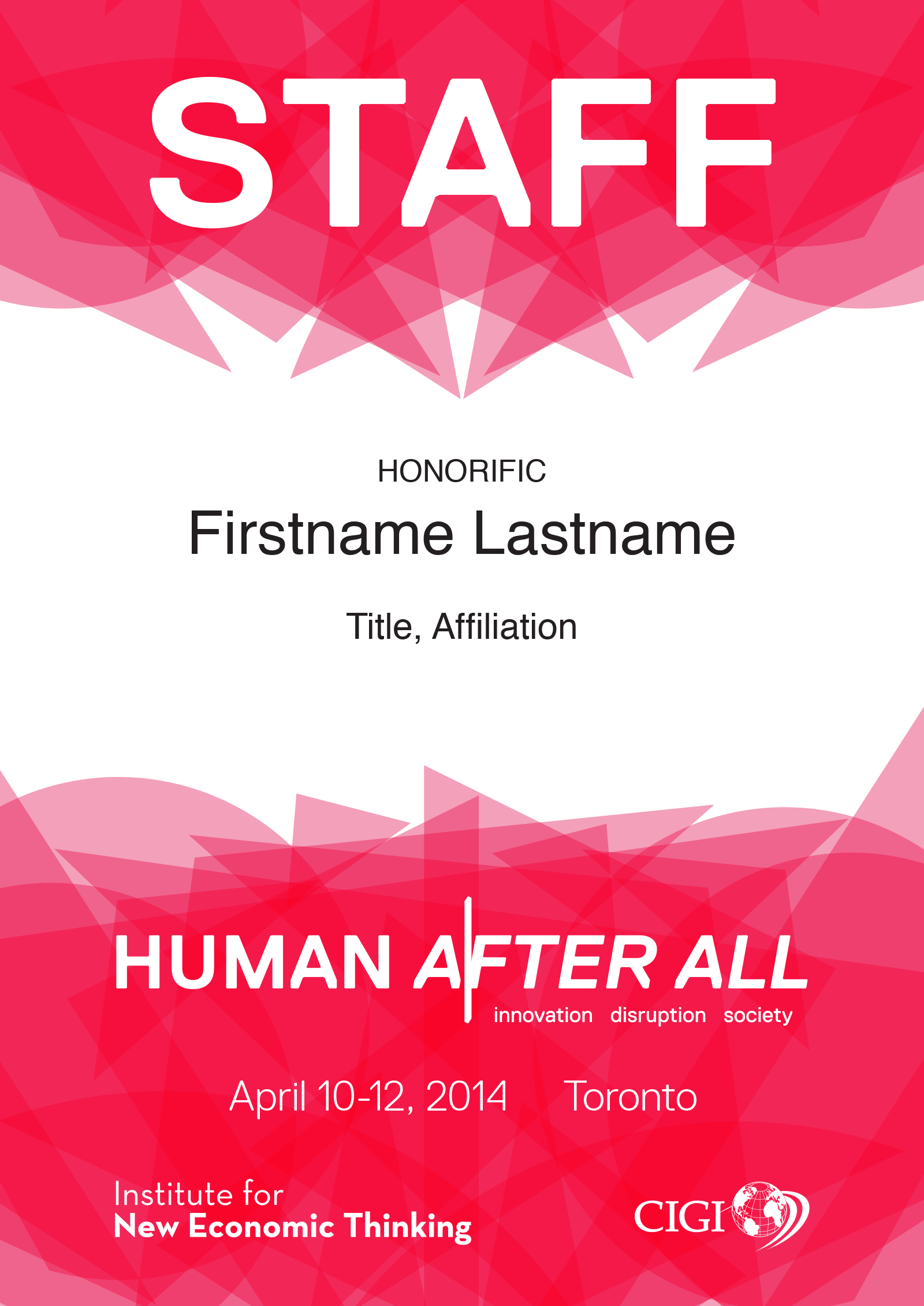 Example color-coded staff badge for the Human After All conference
