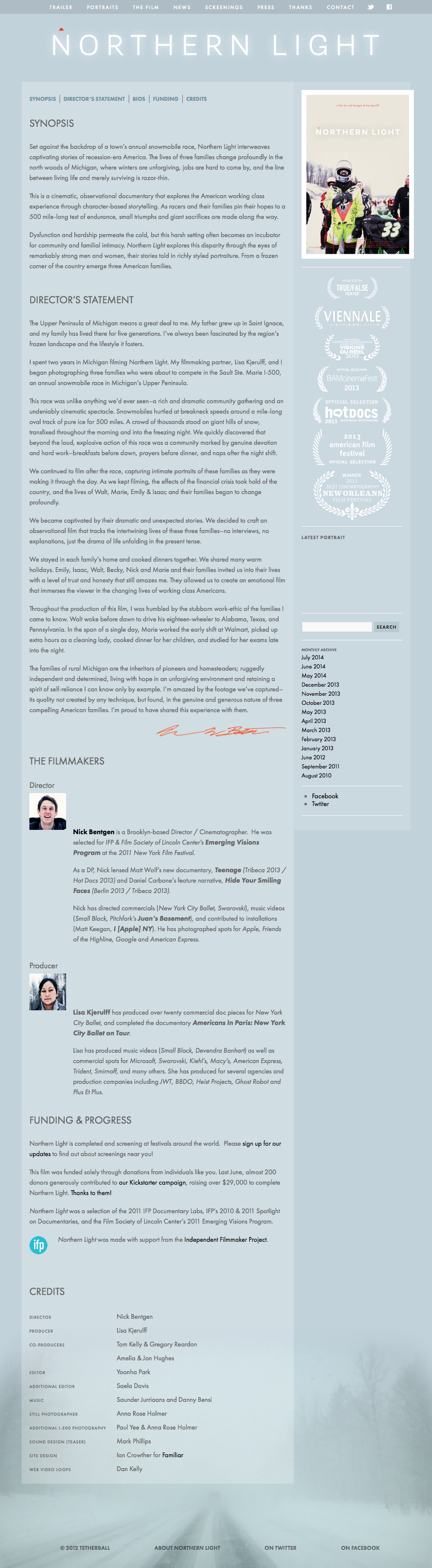 Desktop mockup of the Northern Light about the film page