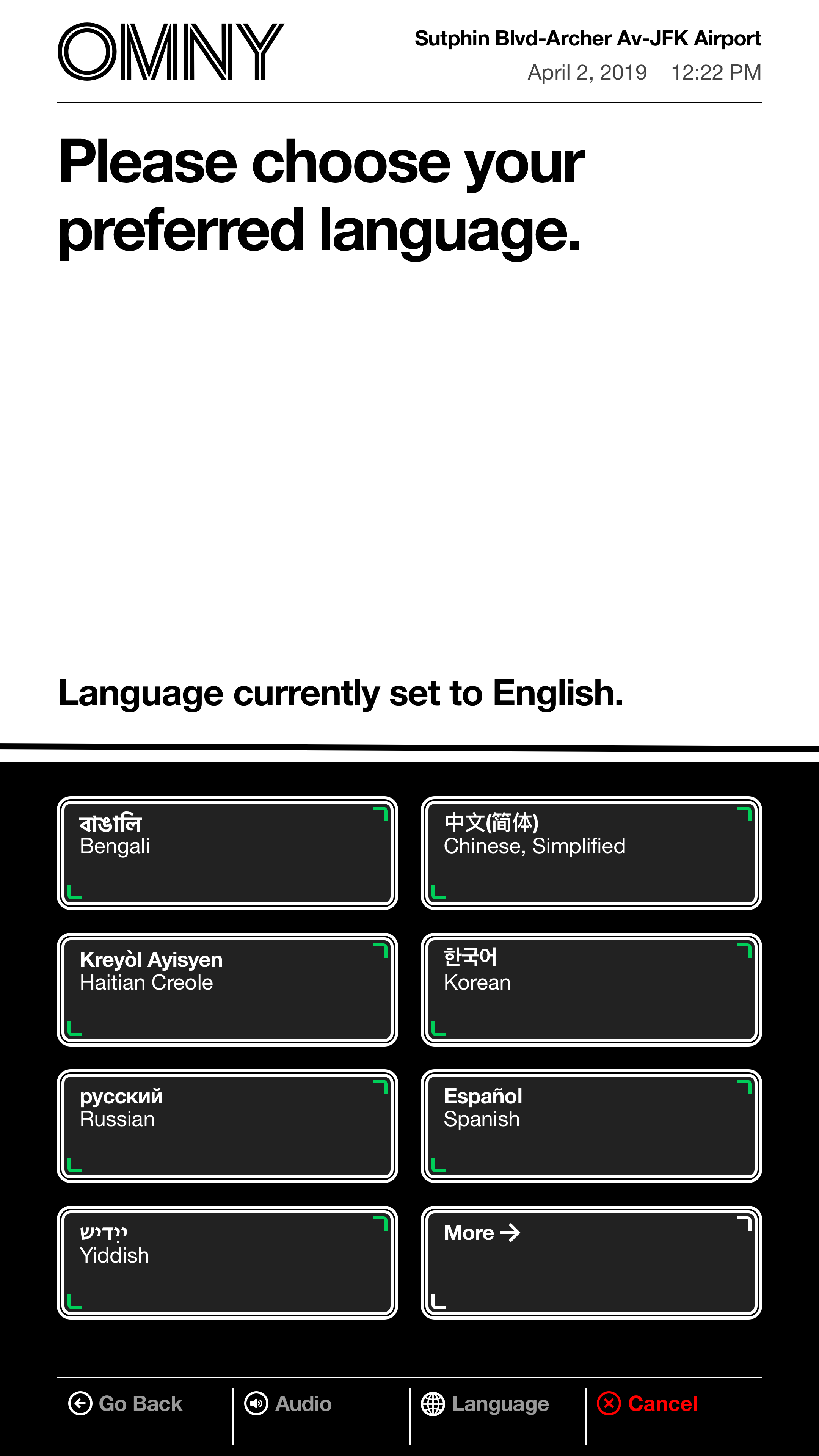OMNY vending machine screen prompting the user to select a non-English language (in English)
