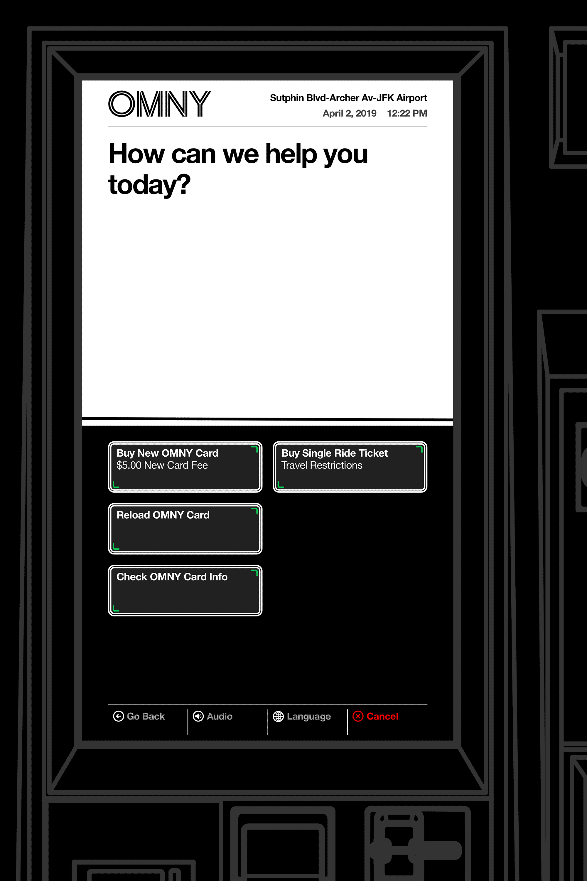 An animation showing some OMNY vending machine screens framed by a schematic of the physical vending machine