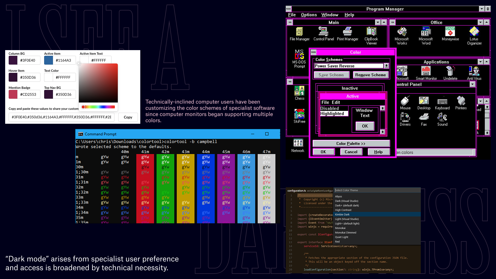 Slide text: “Dark mode” arises from specialist user preference and access is broadened by technical necessity. Illustrated with early examples of software interfaces with color schemes which can be customized based on user preference.