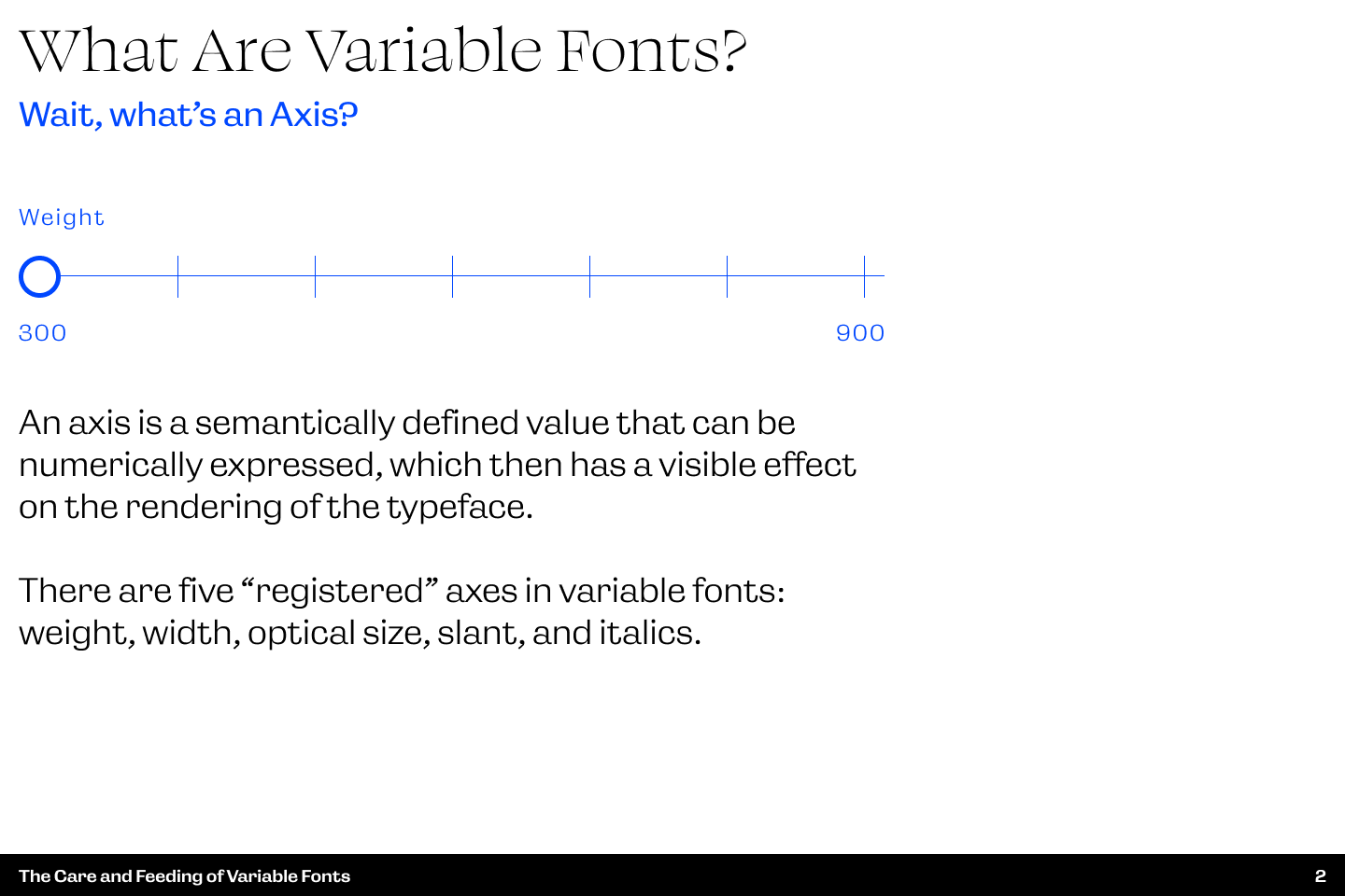 Slide text: What Are Variable Fonts? Wait, what's an Axis? Slide explains and illustrates what an axis is in the context of variable fonts. Slide is animated to show body text increasing in weight corresponding to points along it's weight axis.