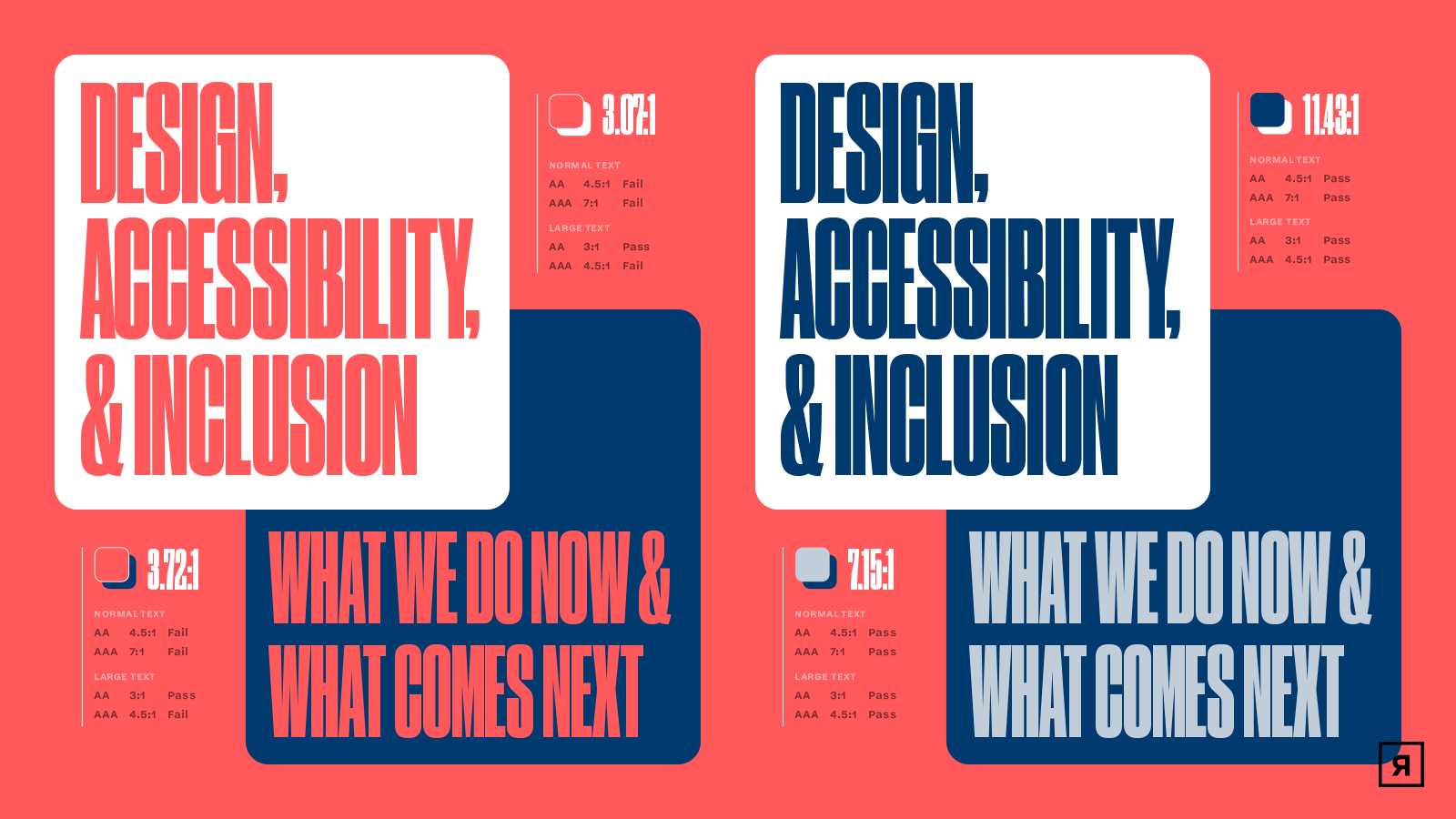 Accessibility title slide - Design Accessibility & Inclusion: What We Do Now and What Comes Next. Slide is stylized to show color contrast information for two color schemes, one meeting WCAG contrast ratios and one failing to meet them.