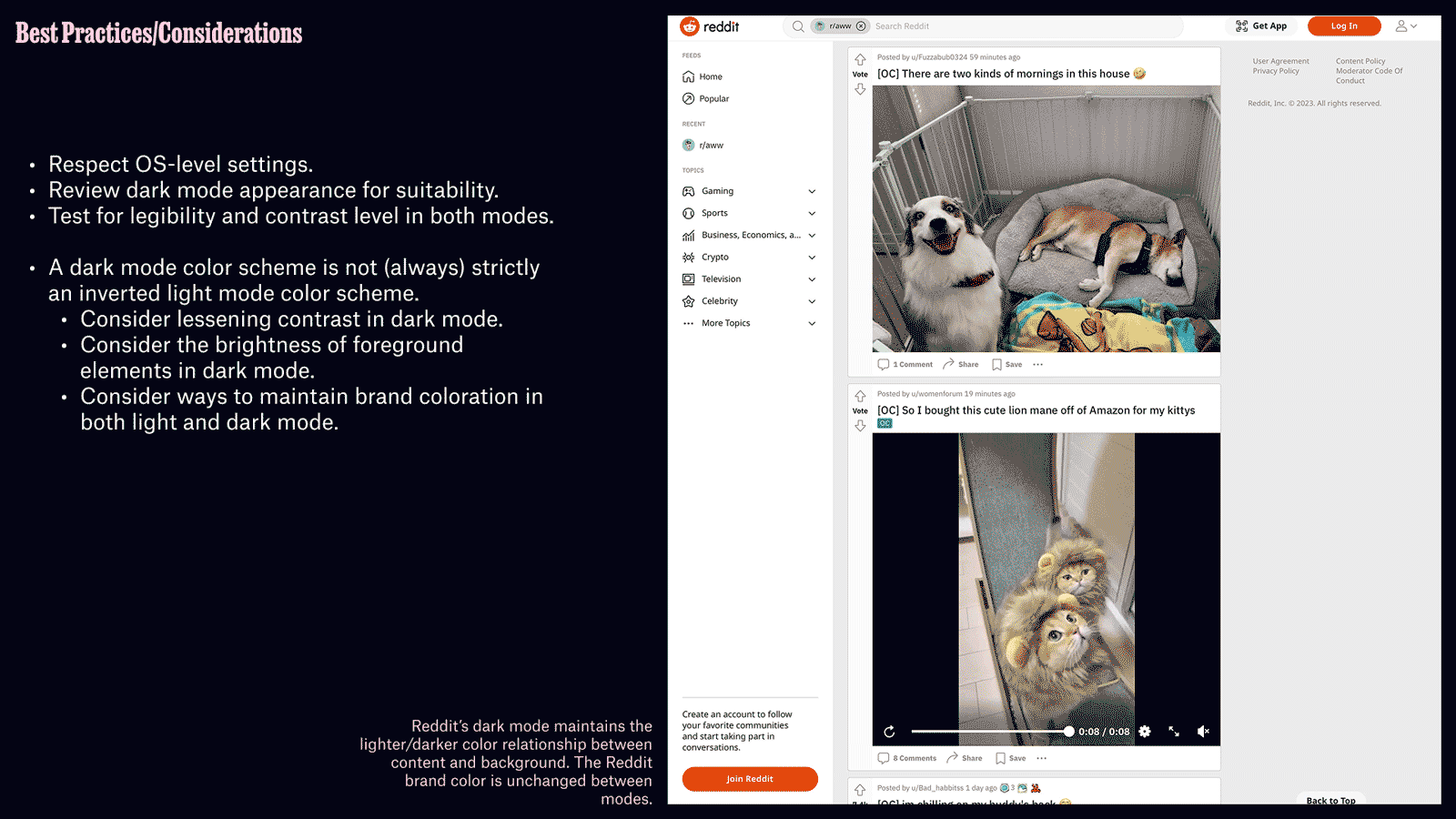 Slide text: Best Practices/Considerations. Slide outlines some basic best practices and suggests that providing a dark or light mode is not simply a matter of inverting the existing color scheme. Illustrated with a screencap of Reddit's web interface switching between modes.