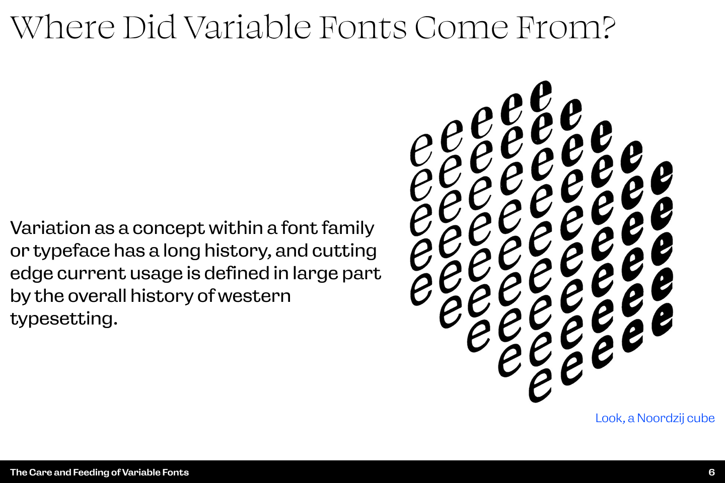 Slide text: Where did Variable Fonts Come From?  Slide discusses concept of variation within a font having a historical basis, illustrated with a Noordzij cube