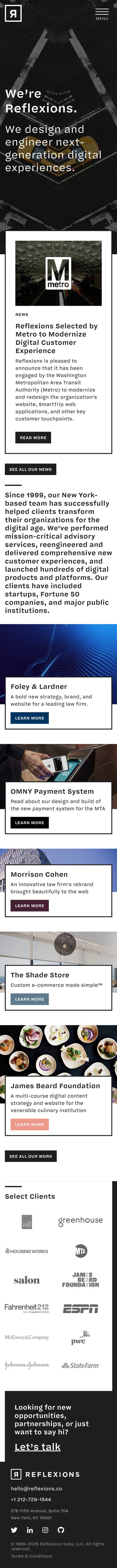 Mobile mockup of the Reflexions homepage