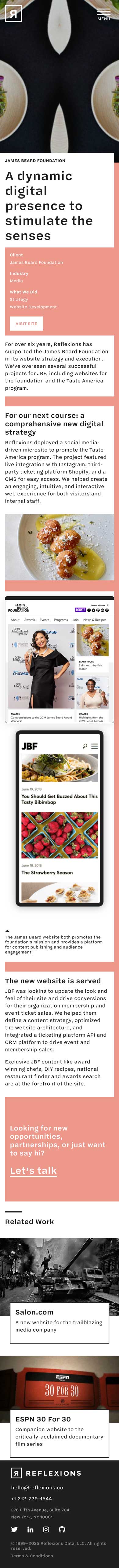 Mobile mockup of a Reflexions project detail page for the James Beard Foundation