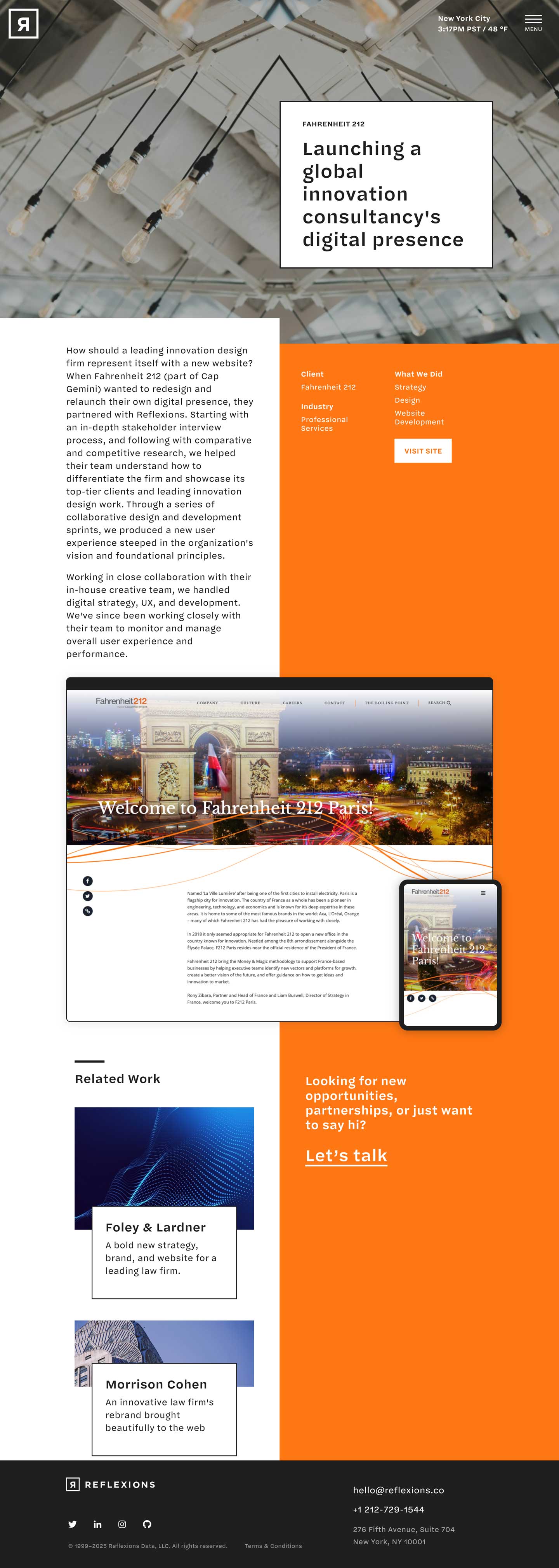 Desktop mockup of a Reflexions project detail page for Fahrenheit 212