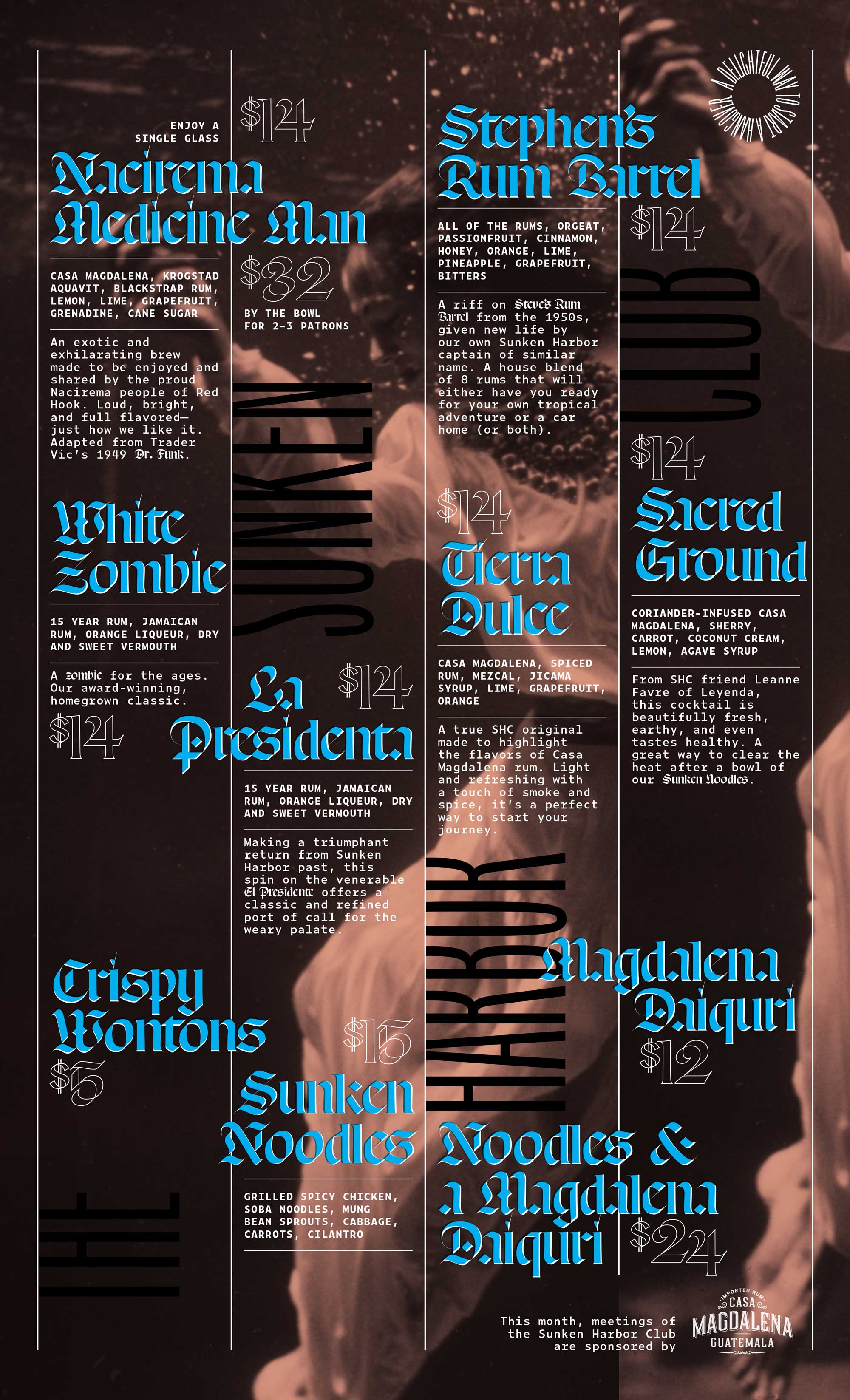 Sunken Harbor Club menu for March 2019. Menu is presented in four columns staggered vertically with The Sunken Harbor Club oriented perpendicularly, one word in each column. Background image shows a woman floating underwater.