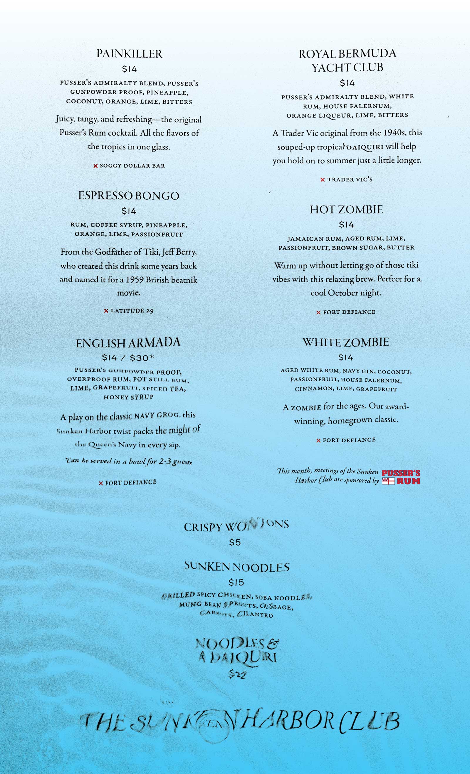 Sunken Harbor Club menu for October 2018. Menu is laid out simply in 2 columns but has small ripples emanating from the lower left corner, affecting the text.