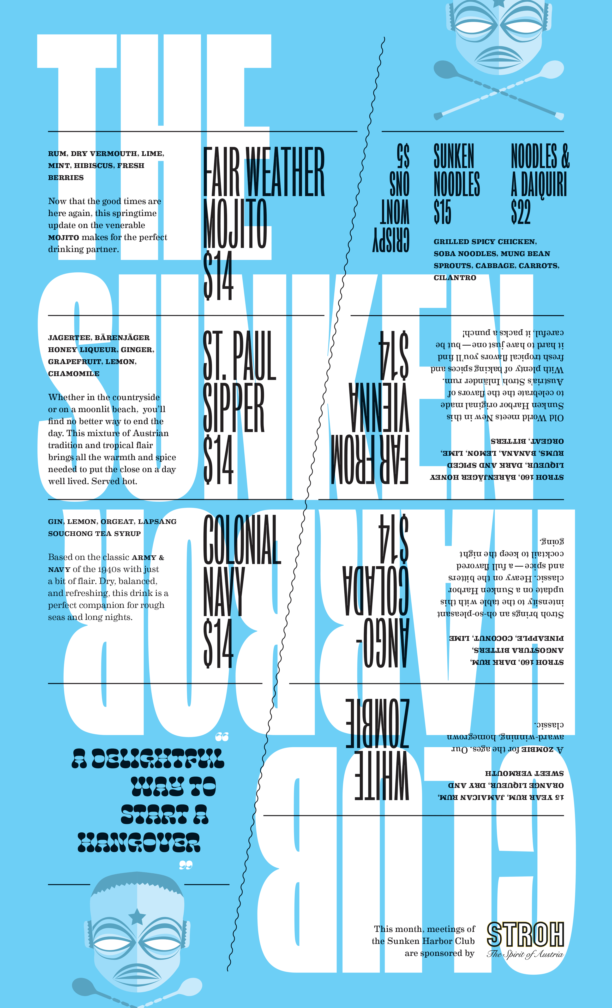 Sunken Harbor Club menu for April 2019. Menu is presented in two angled columns with each column oriented opposite from each other with The Sunken Harbor Club in white in the background.