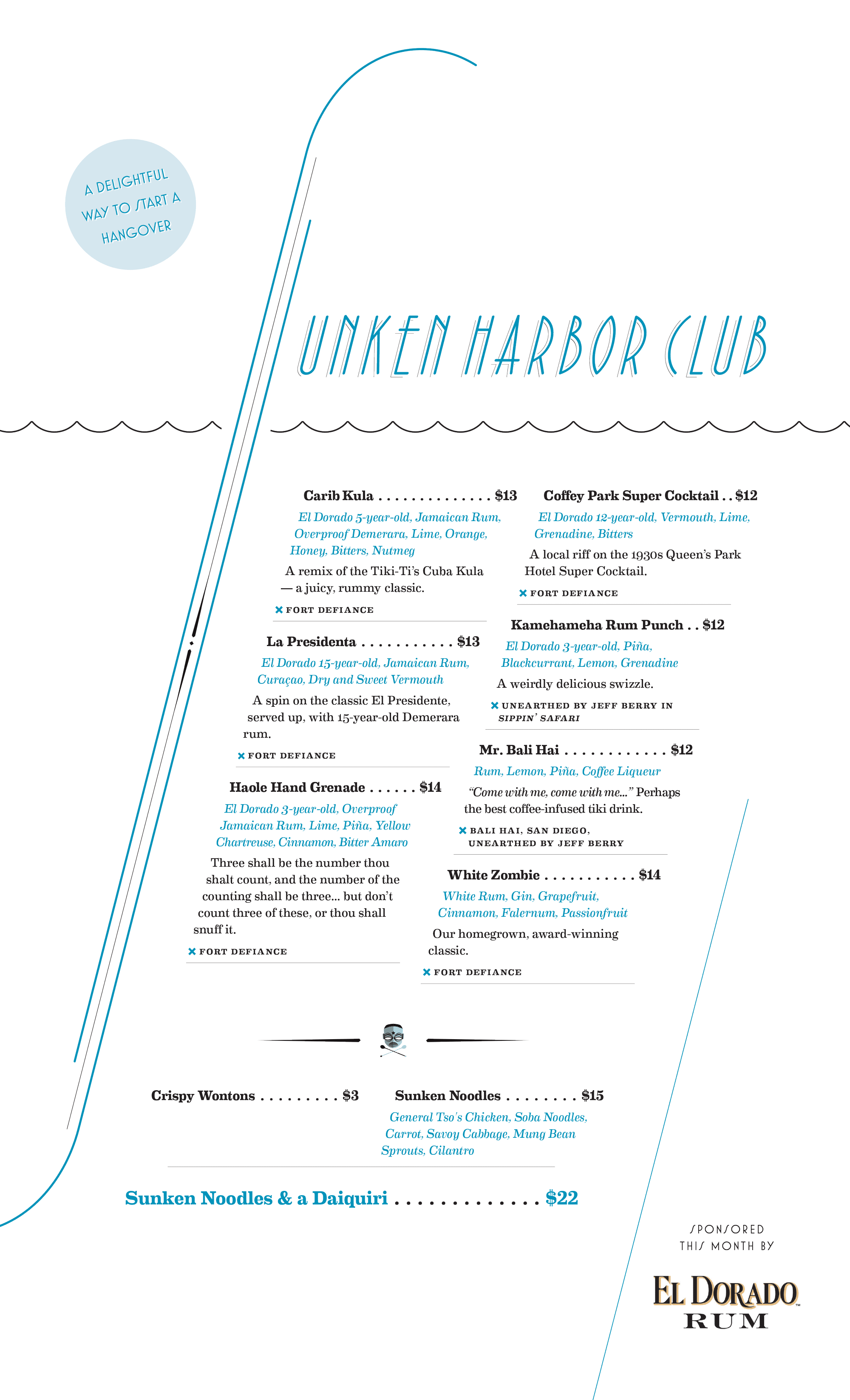 Sunken Harbor Club menu for June 2018. Menu is presented in a stylized, angled underwater shape with the S in Sunken Harbor club breaking the horizontal waterline positioned 1/3 from the top of the page