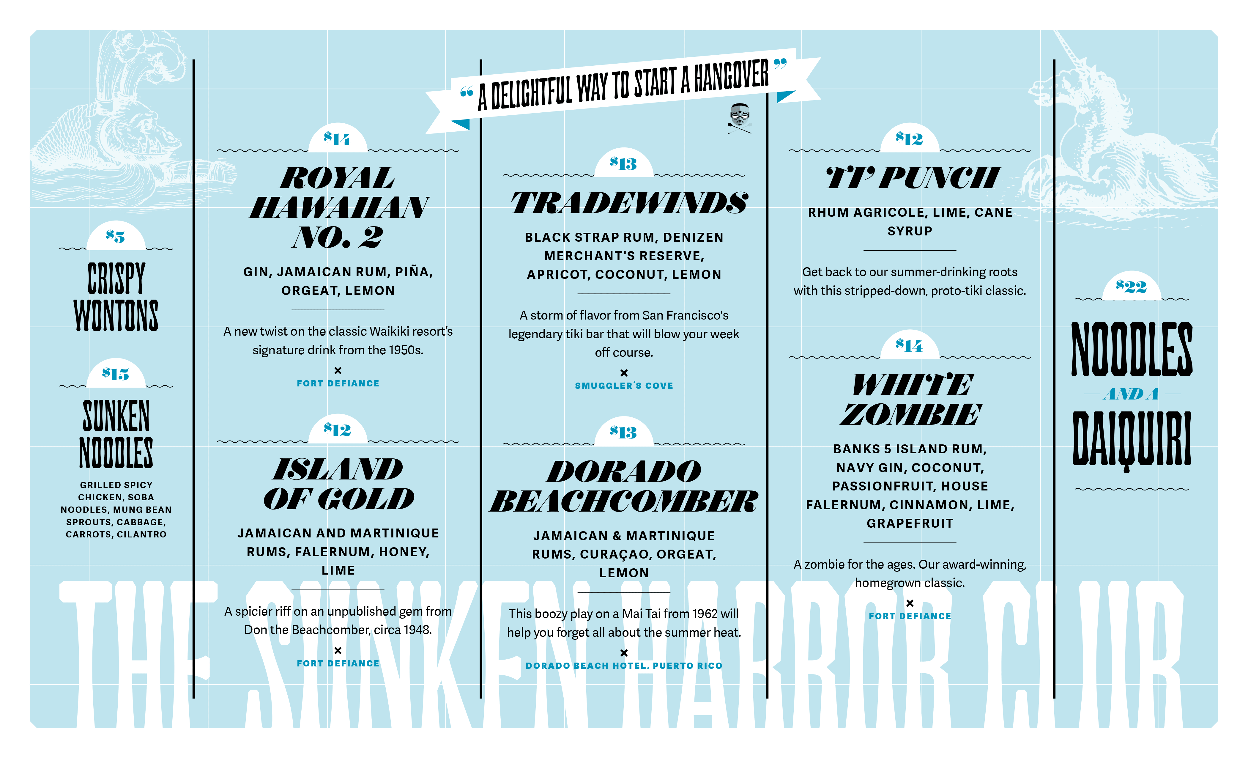 Sunken Harbor Club menu for July 2018. Menu is presented in five columns with a stylized light blue ocean map in the background, with inverted historical drawings of sea monsters as ornamentation.