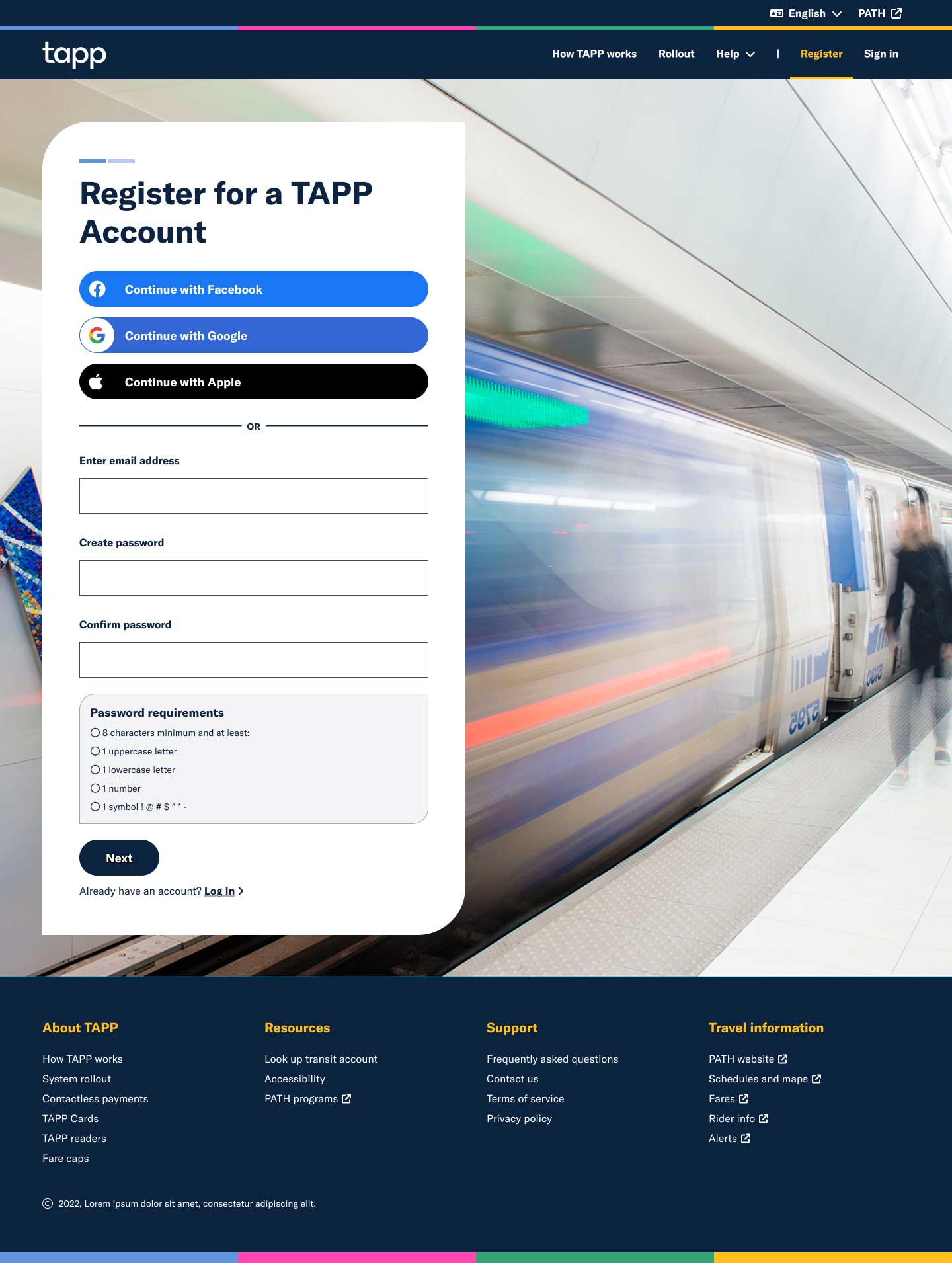 Mockup of the first step of TAPP registration