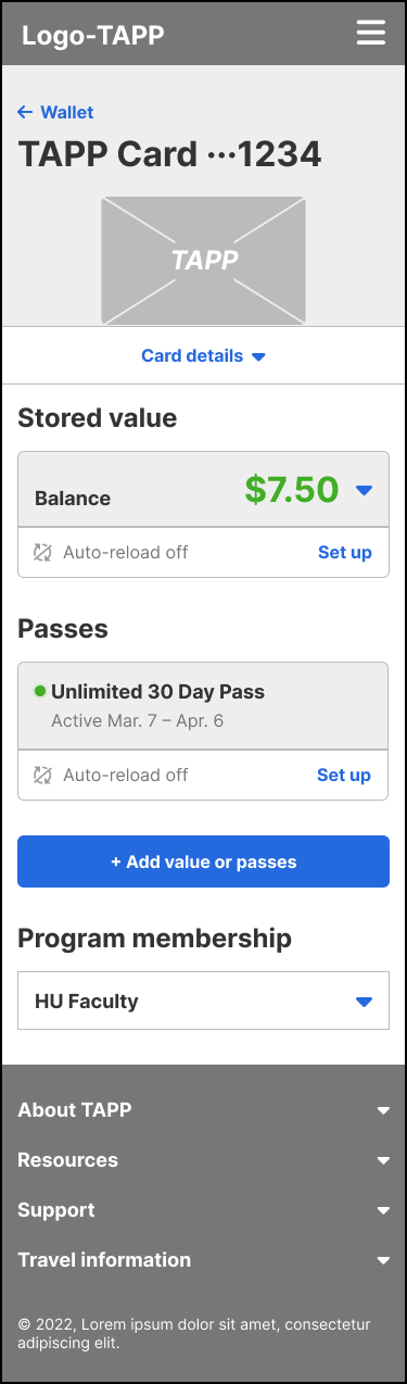Mobile wireframe of the TAPP travel card detail page with sample data