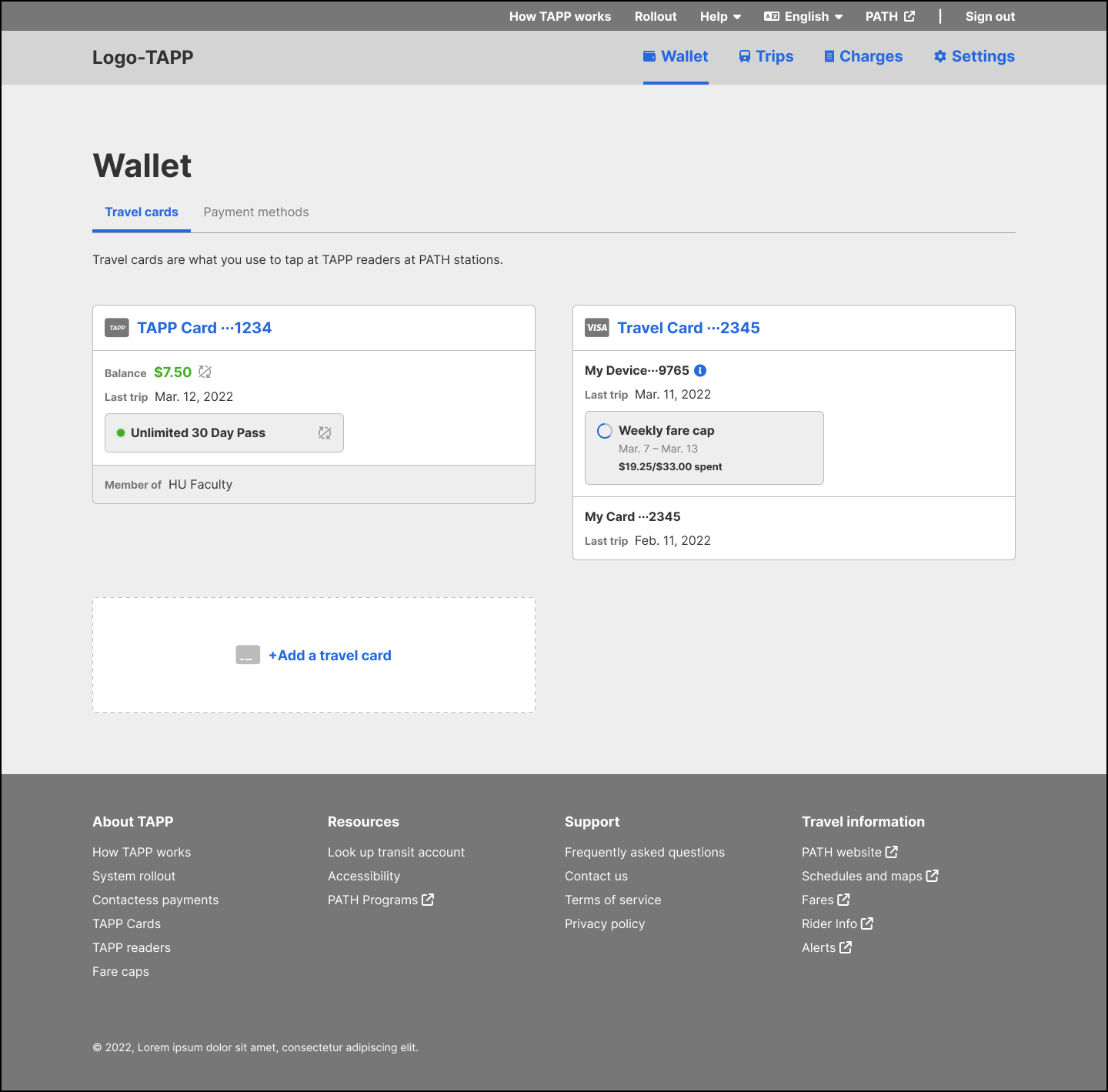 Wireframe of a TAPP user's wallet showing sample travel cards