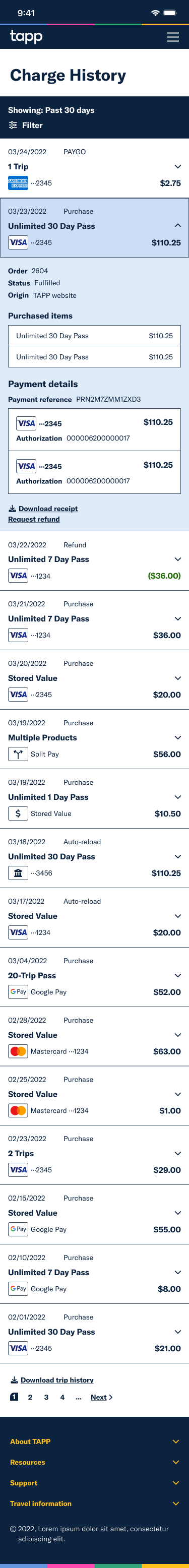 Mobile mockup of the TAPP charge history screen, showing sample charges for a TAPP customer account