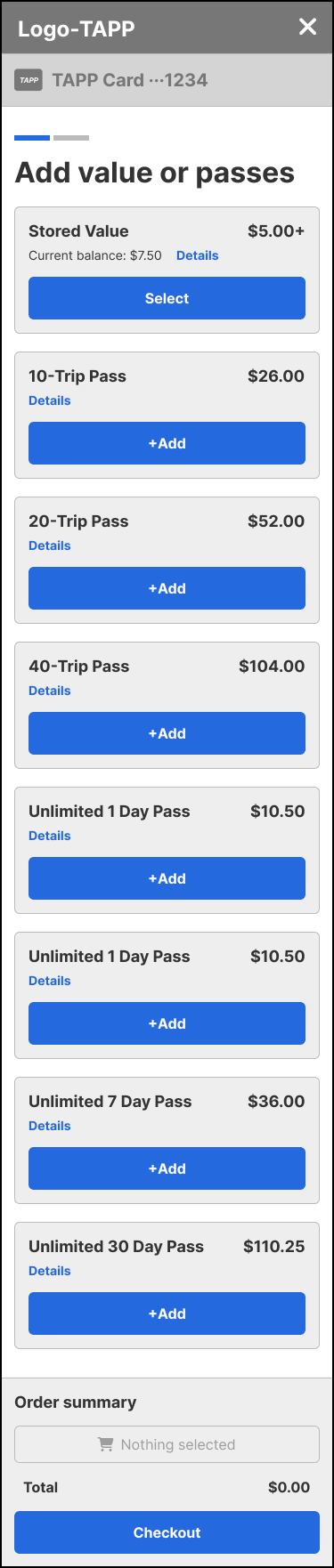 Mobile wireframe of the TAPP add value or passes modal