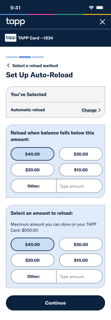 Mobile mockup of a modal allowing a TAPP user to set up auto-reload of value on their travel card